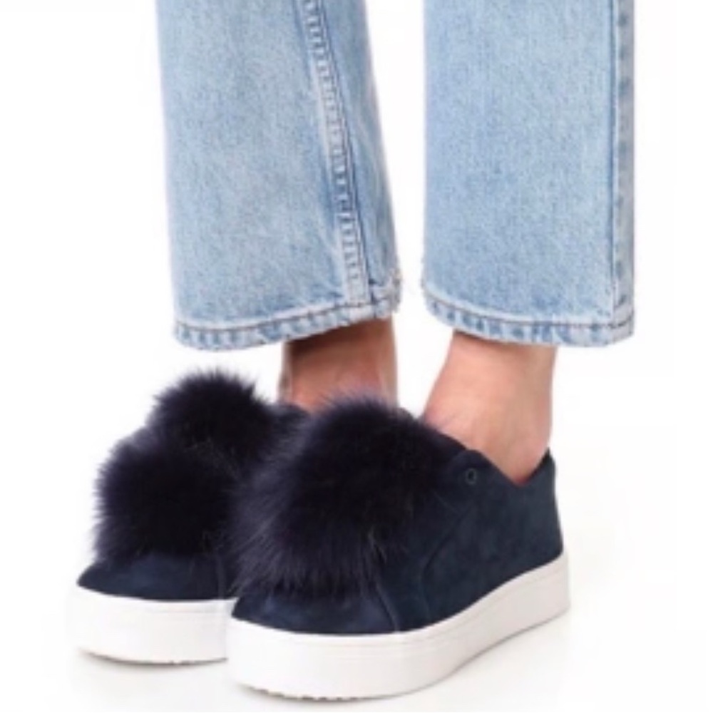 Sam Edelman Leather Sneaker with Faux Fur Pompoms Blue Suede Size 8